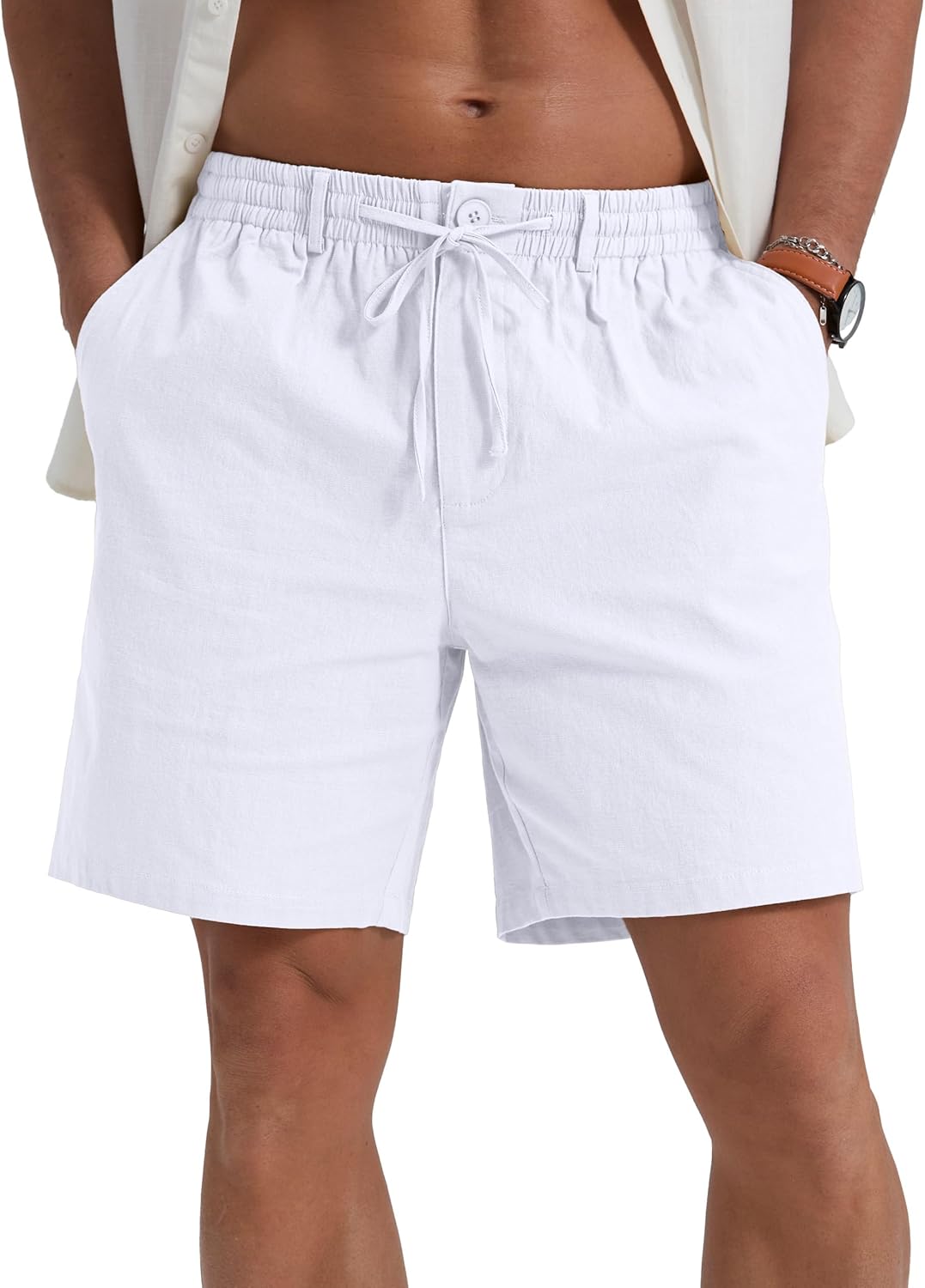 Sailwind Men's Linen Casual Shorts Elastic Waist Drawstring Summer Beach Shorts with Pockets