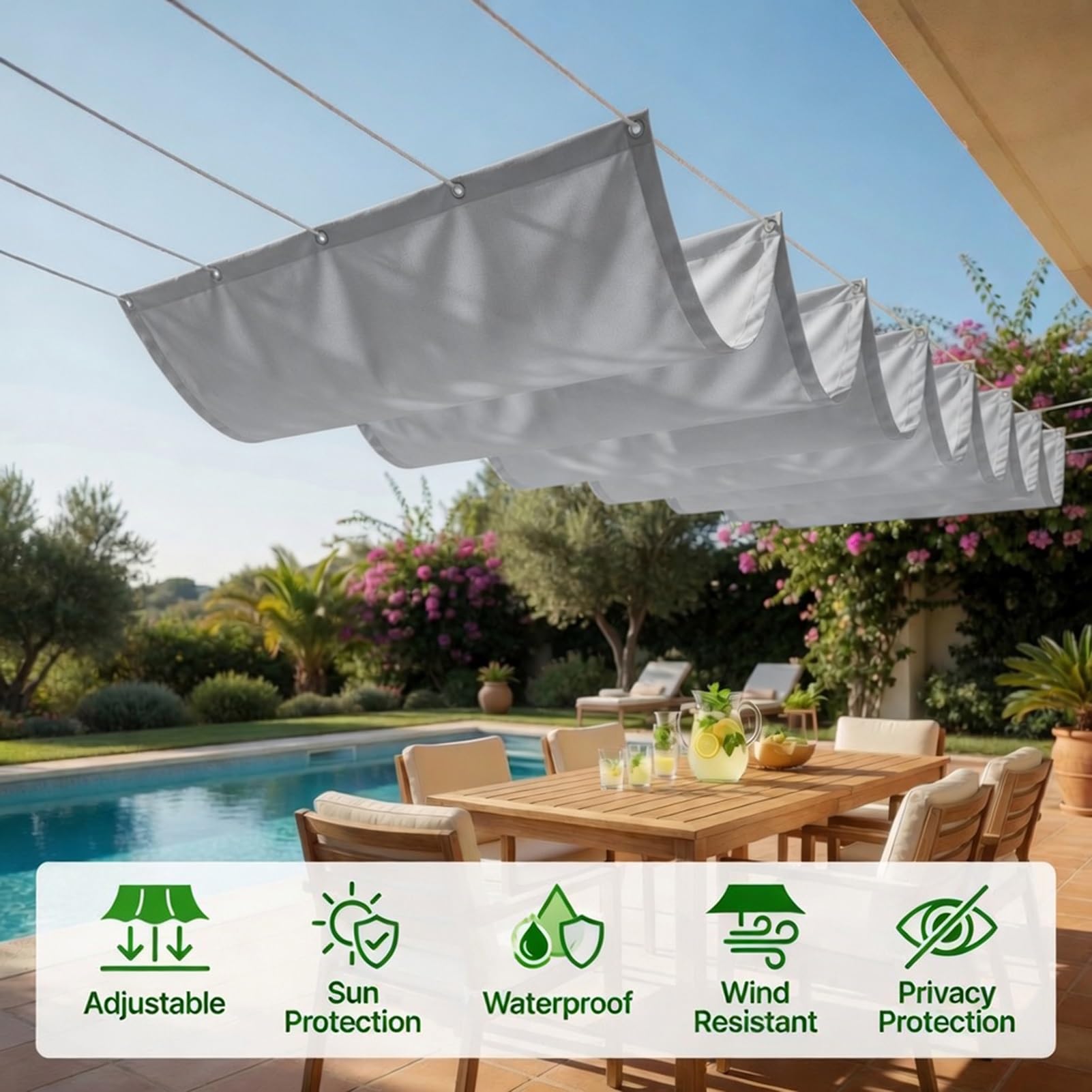 Einziehbare Welle Sonnensegel 2.6 x 7 m 95% Uv-Schutz Wasserdicht Verstellbar Schattenabdeckung Segeltuch PES Polyester Schattenspender für Außenbereich, Garten, Hellgrau
