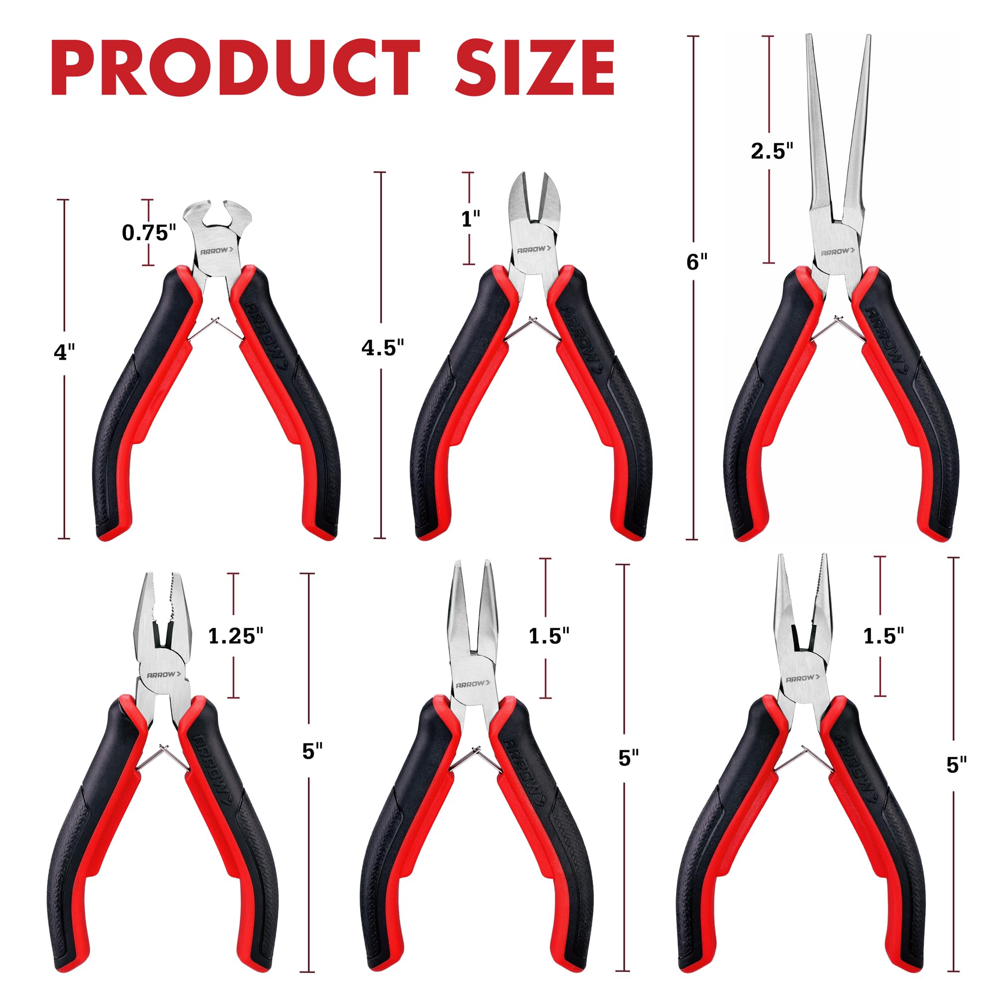 ARROW – Lot de 6 mini pinces de précision pour bijoux et loisirs créatifs – Comprend aiguille, diagonale, longue, courbée, coupe d'extrémité et pince de monteur de ligne pour électronique, artisanat