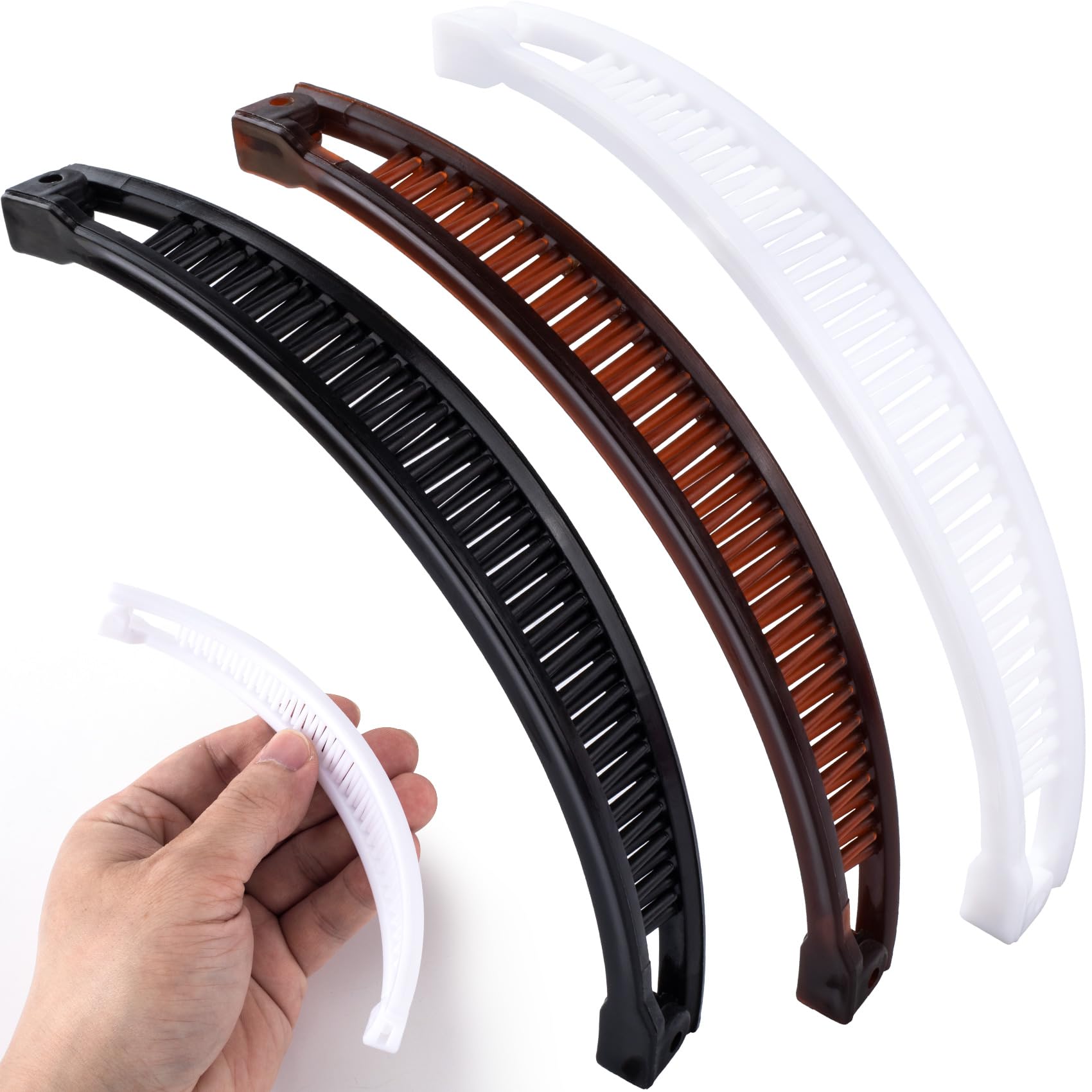 Photo 1 of [PARTIAL SET] [2 BROKEN] Winsyison 6pcs Banana Hair Clips, Non-Slip Large Hairstyle Claws for Women, Vintage 90 Style Classic Double Combs Hairpin Accessories for Thin Fine Curly Hair- White & Black & Coffee