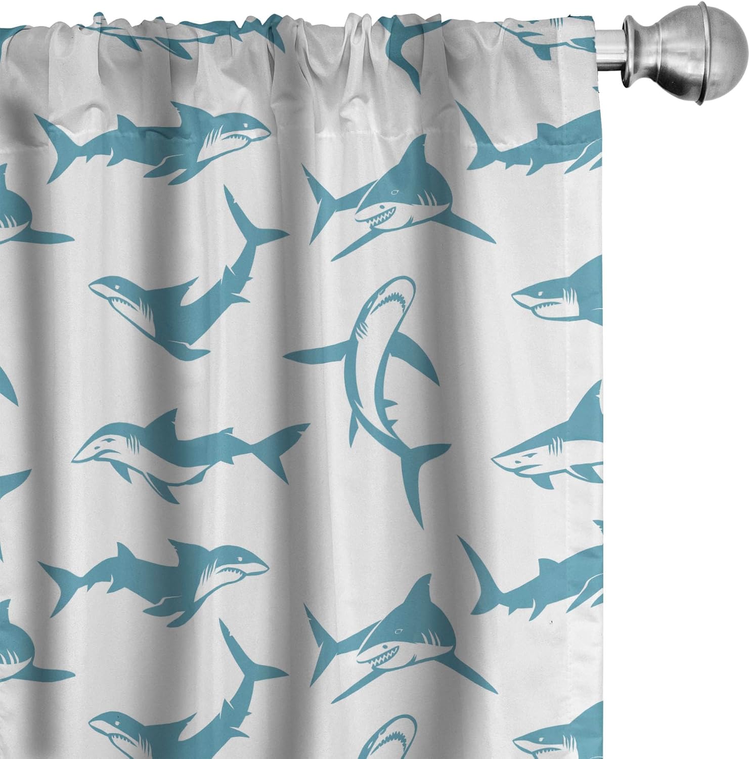 Ambesonne Shark Curtains, Scary Predators of The Seas Blue Fishes with Fins and Sharp Teeth Marine Cartoon, Window Treatments 2 Panel Set for Living Room Bedroom, Pair of - 28" x 95", White Blue