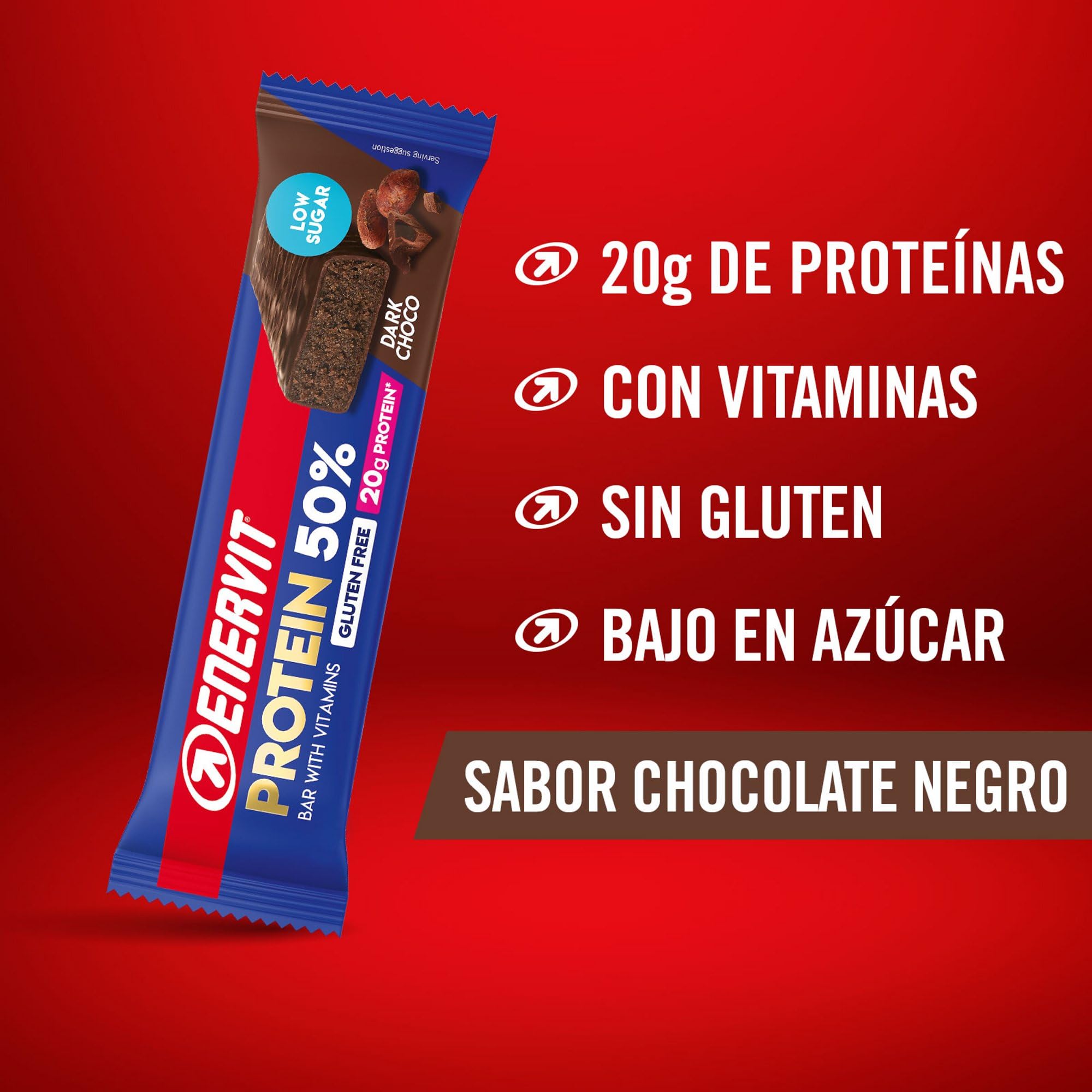 Enervit Barrita Proteica 50% Dark Choco, 20g de Proteínas, Baja en Azúcar, con Vitamina D y B6, Sabor Chocolate Negro, Para la Recuperación Después del Deporte, Sin Gluten, 12 Barritas de 40g