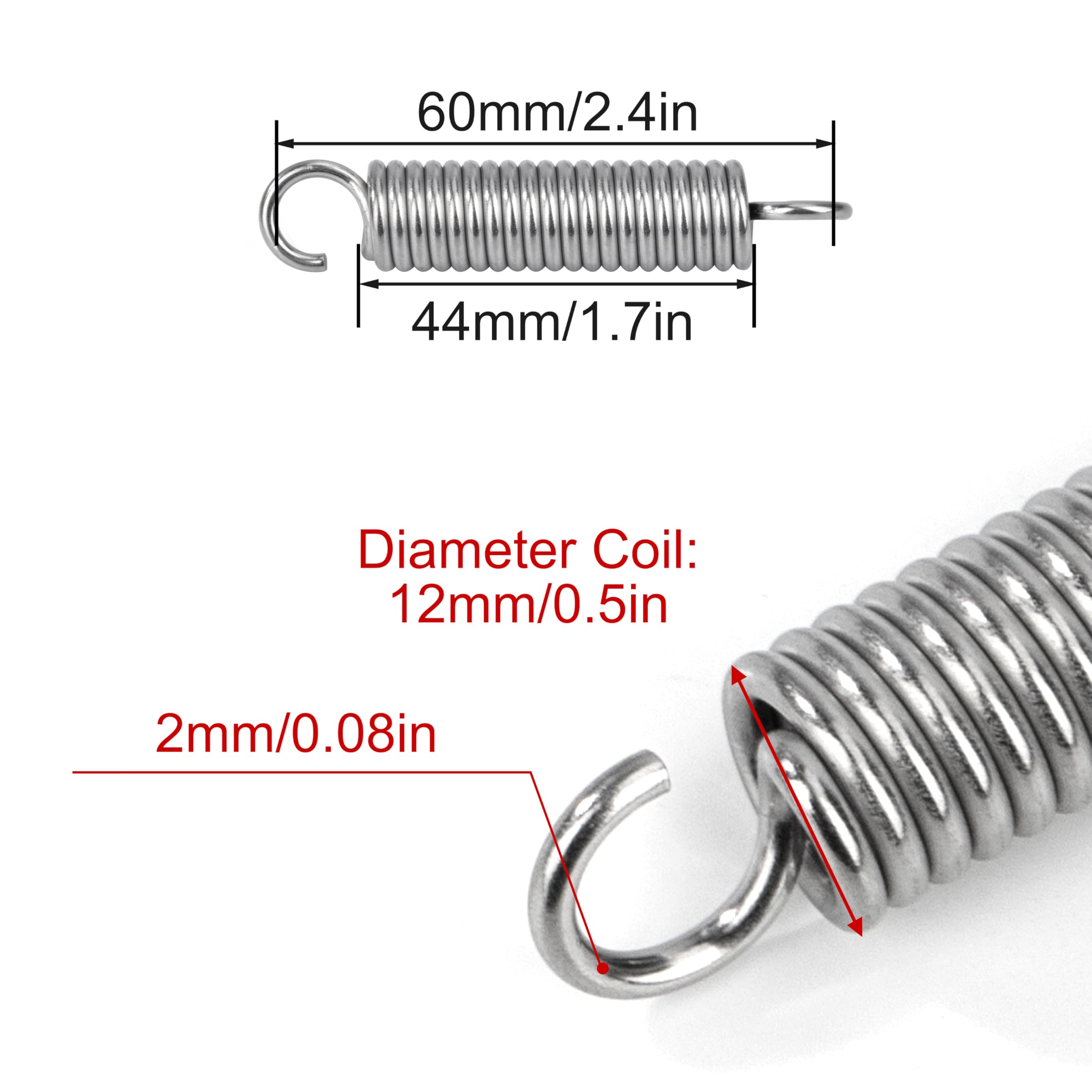 Sprężyna trakcyjna 60 mm Sprężyny napinające z hakami 90 stopni, sprężyny ze stali nierdzewnej, średnica drutu 2,0 mm, średnica zewnętrzna 12 mm, siła 12,3 kg, 4 sztuki