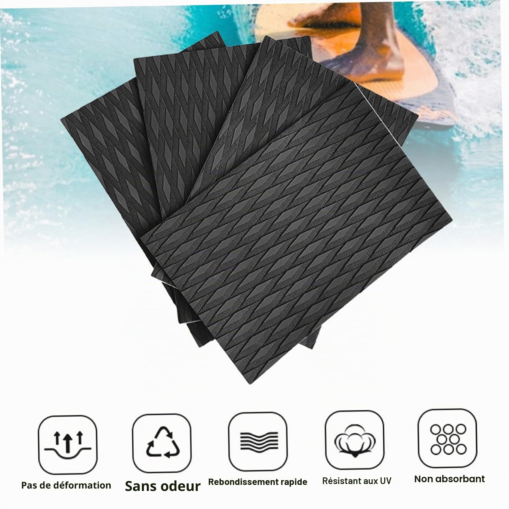 Tampon de Traction de la Planche de Surf, Pad de Traction de Surf EVA de 36x15 Pouces Non glissé, padboard de Surf Noir résistant aux UV, Accessoires de Surf Robustes en Eau