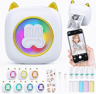 QYCHHJ Mini Pocket Printer, 7 LED Lights Bluetooth Photo Thermal Pocket Printer with 10 Rolls Thermal Paper for iOS&Android, Label Receipt Printer for Notes Journal Memo Photo Study Home Office, White