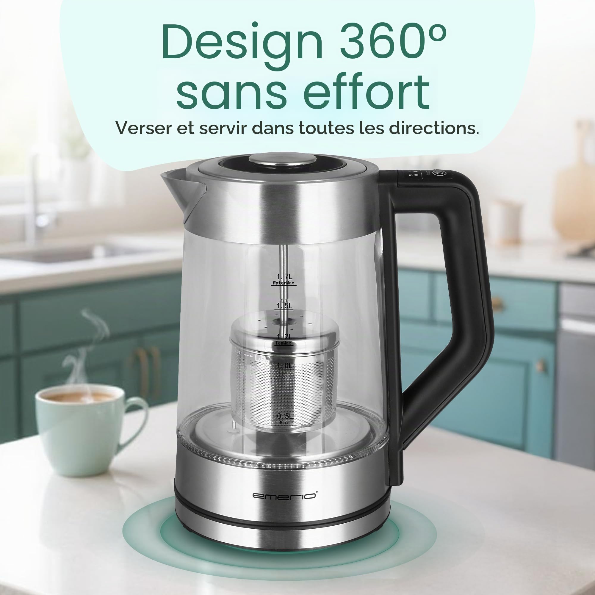 Emerio WK-122730 Bouilloire en verre avec sélection de température [50|70|80|90|100 °C], bouilloire bouilloire manuelle en acier inoxydable amovible, verre borosilicate, volume 1,7 l, 2200 W, argent