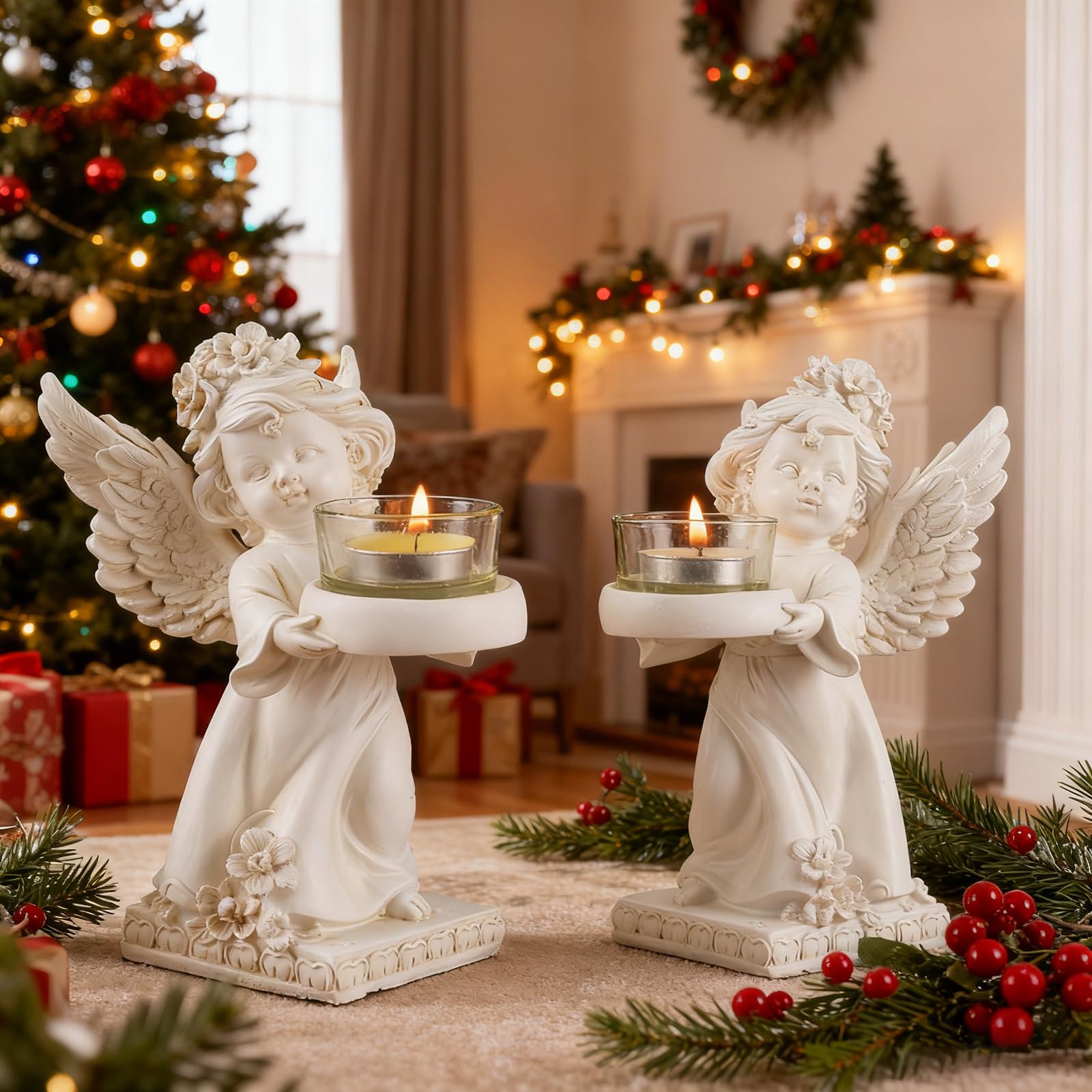 2 Graziosi Portacandele A Forma Di Angelo, Portacandele In Resina Bianca Per Centrotavola, Moderno Decoro Natalizio Per Camino E Festa Di Nozze
