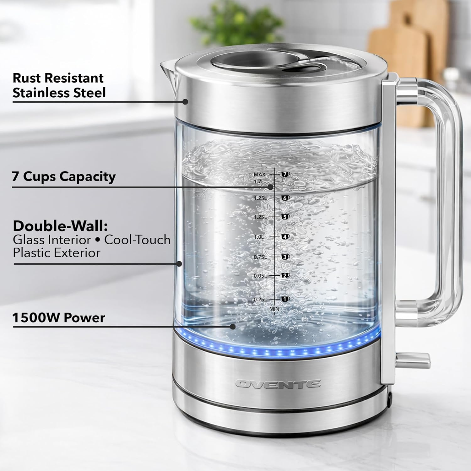 OVENTE Electric Kettle, 1.7L Double Wall Glass Tea Kettle with Stainless Steel Base, Acrylic Handle, 1500W Cordless Fast Boil Borosilicate Water Boiler, Easy Fill Lid & Auto Shut-Off, Silver KG912S