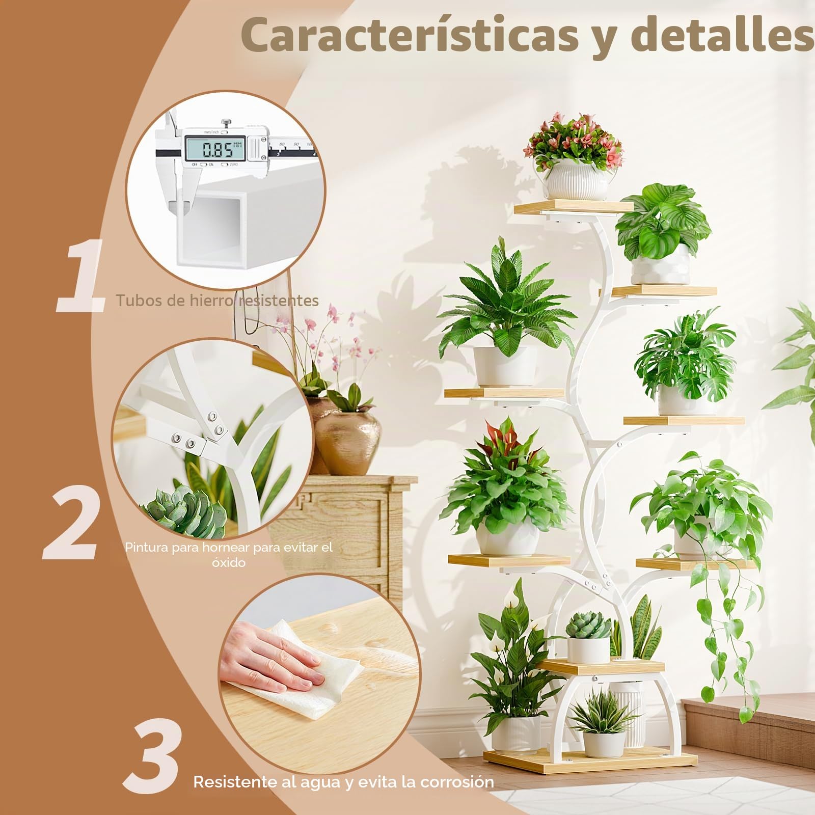 BACEKOLL Soporte para plantas con luz de crecimiento - 8 niveles, soporte para flores de 124 cm, metal y madera, estantería para plantas - Escalera de flores para interior y exterior - Blanco