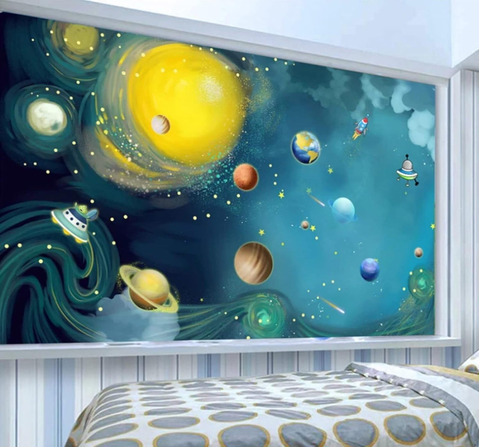 XLMING Cartoon Hand Drawn Space Universe Planets 3D Wallpaper Luxury Home Dining Decor Paste Sofa Living Room The Wall for Bedroom Mural-300cm×210cm