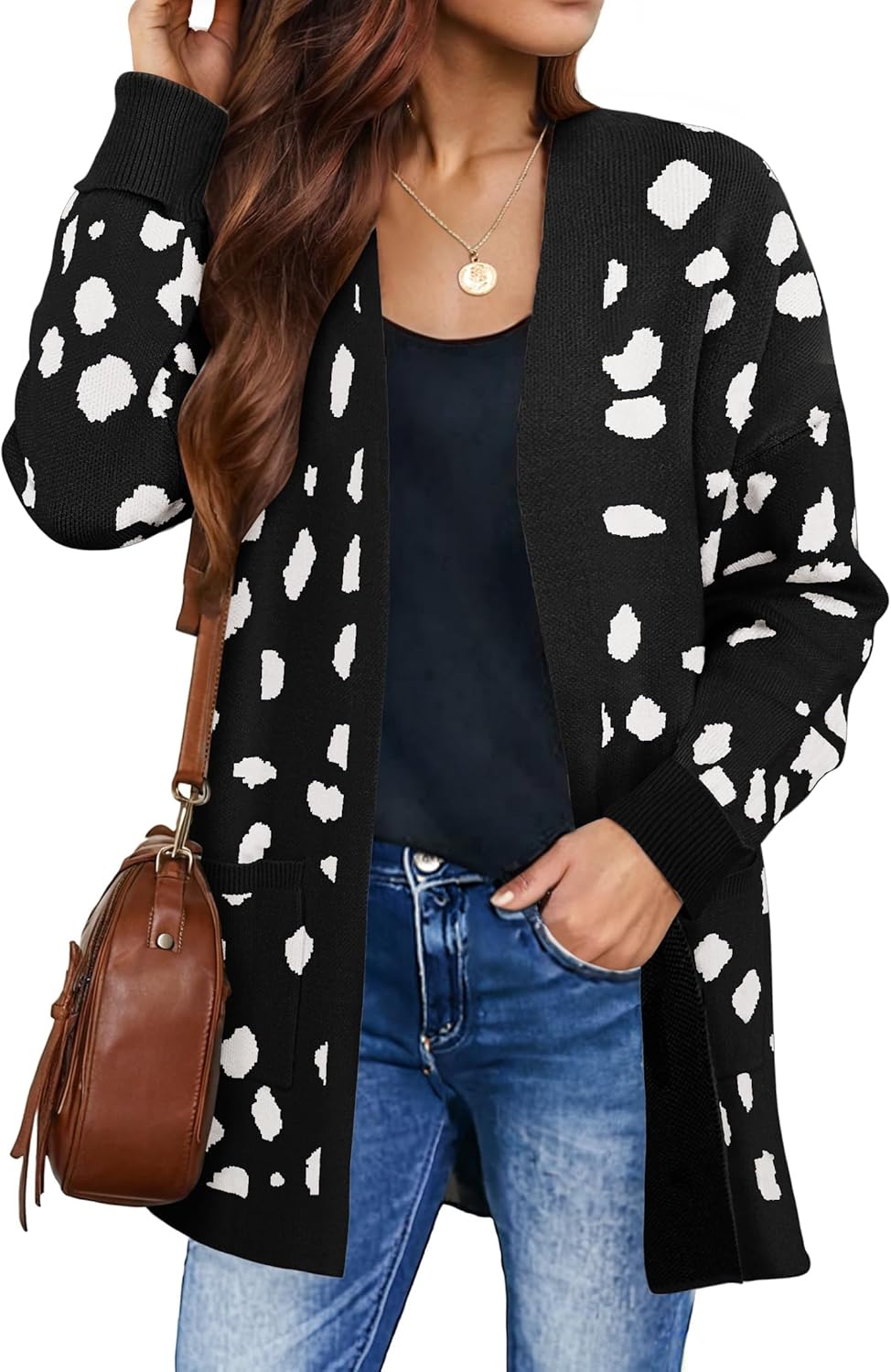 ZESICA Women's Spring Winter Long Sleeves Open Front Leopard Print Knitted Sweater Cardigan Coat Outwear