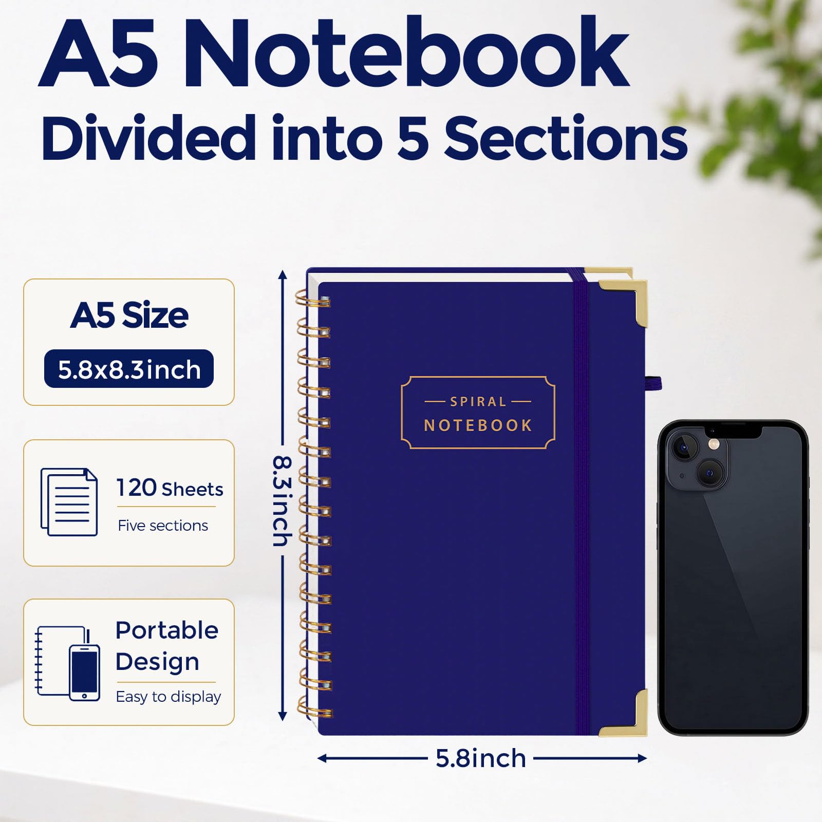 Koogel Hardcover-Spiralbuch mit Tabs, 5 Fächer, A5, Kompositions-Notizbuch, 14 x 20 cm, blau liniert, Tagebücher mit Trennblättern, für Frauen, Geschenk, Büro, Schule