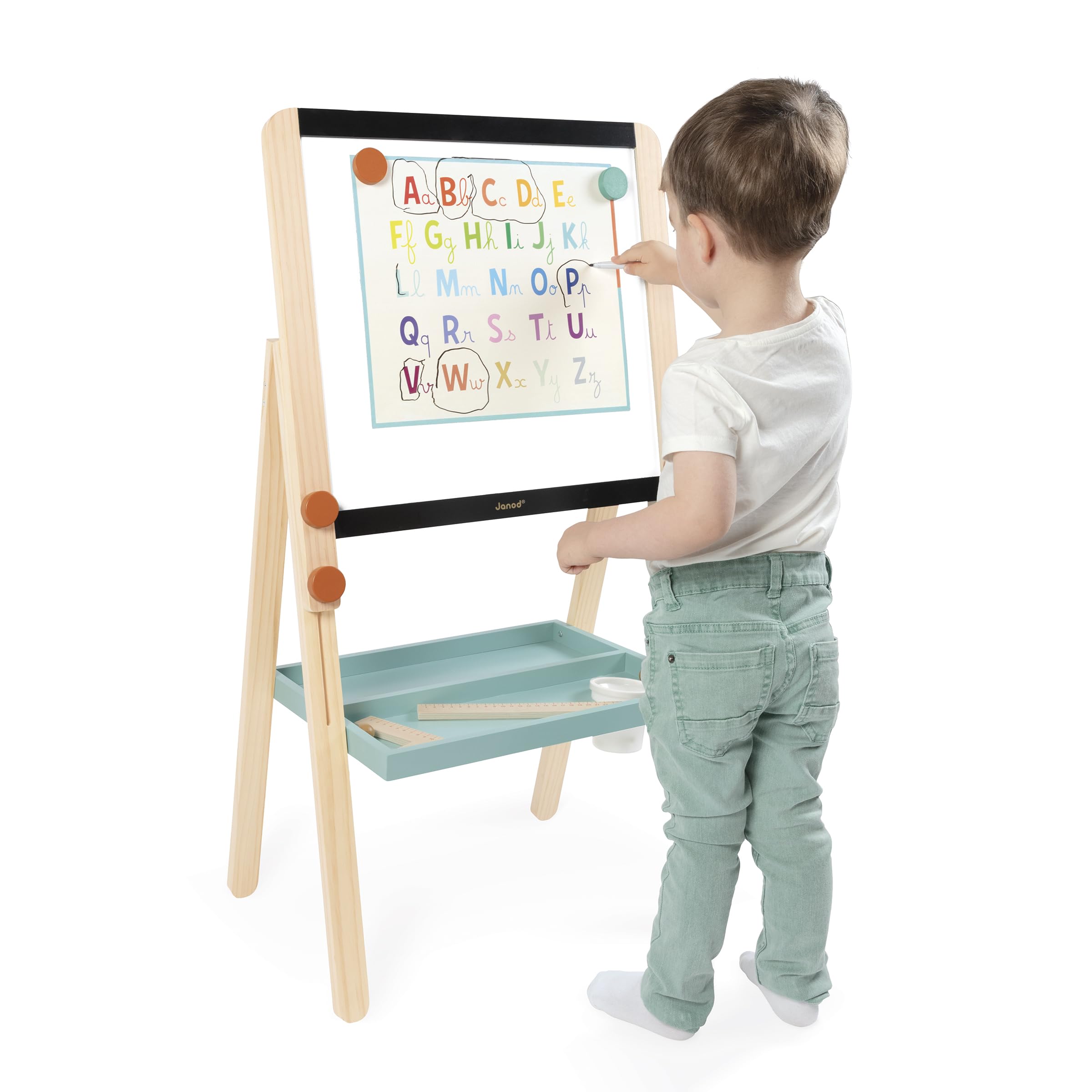 Janod - Pizarra Doble Cara de Madera Ajustable en Altura - Pizarra Blanca magnética + tizas - 18 Accesorios incluidos - A Partir de 3 años
