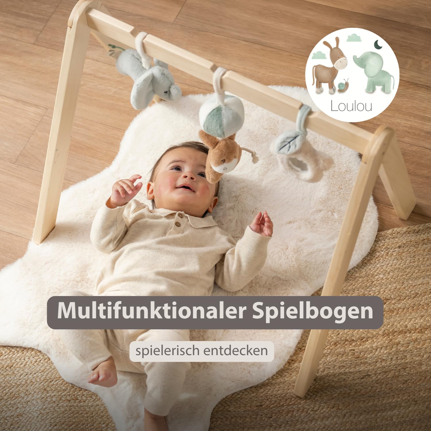 Nattou Loulou Holzbogen mit Hängendem Spielzeug, Montessori-Spielbogen Baby, Spielbogen Baby, Sensorische und Motorische Entwicklung für Babys, 60 x 50 x 47 cm, Sanfte Farben