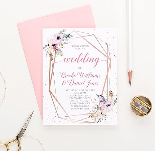 Miniatura 2 de Modern Pink Paper Rose Gold Wedding Invite, Boho Wedding Invitations Personalized Bohemian Invitation with Feathers, Rustic Invite with Envelopes,