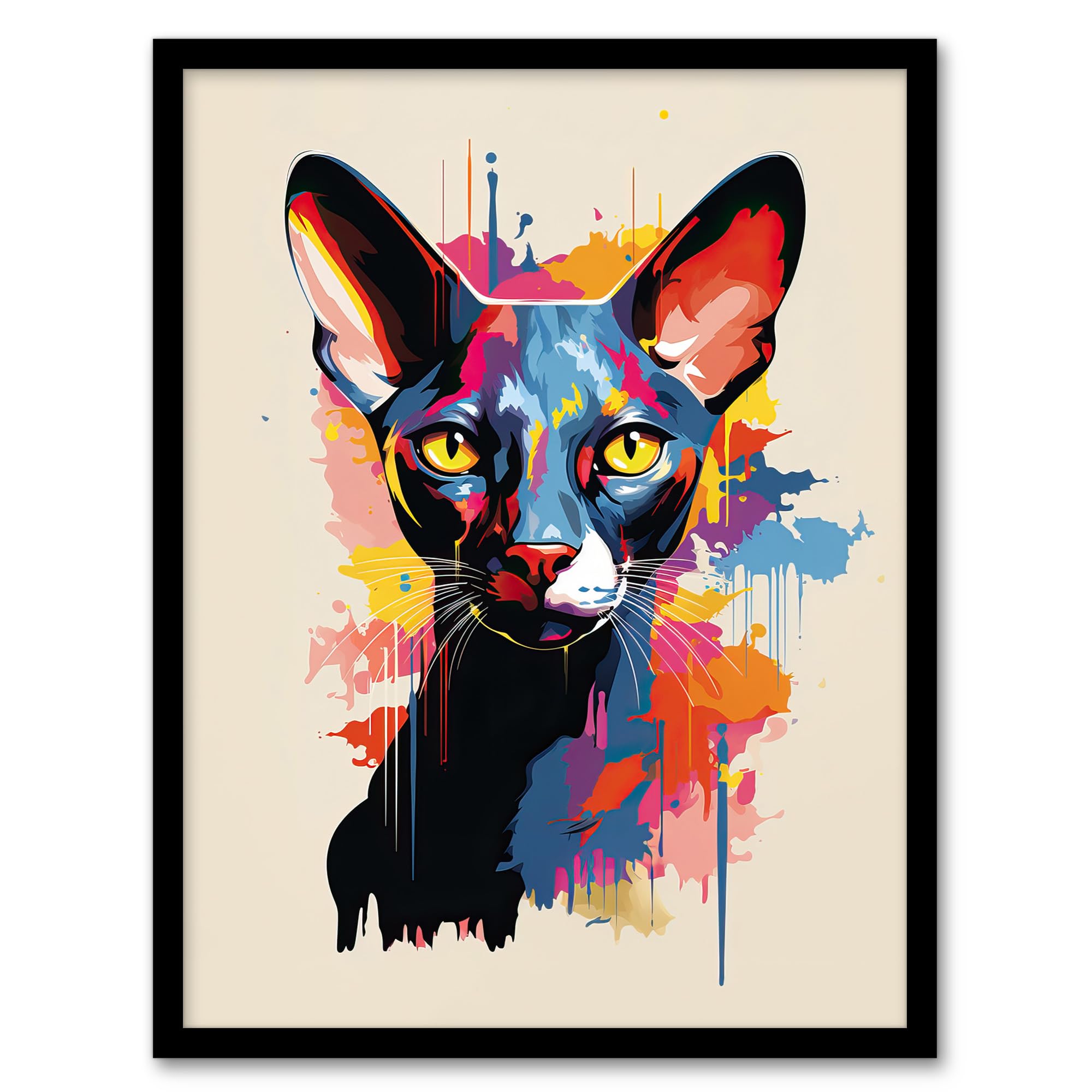 Artery8 Oriental Shorthair Cat Lover Gift Pet Portrait Orange Blue Pink Artwork Painting Artwork Framed Wall Art Print A4