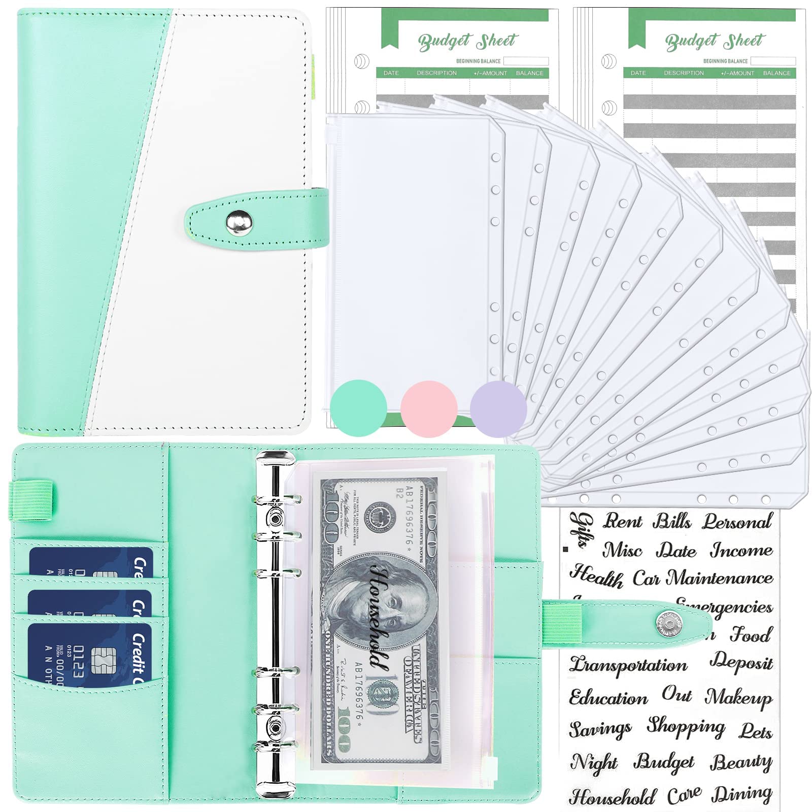 KASTWAVE A6 PU Leather Budget Binder With Cash Envelopes, Zipper Envelopes, and Budget Sheets - 12pcs for Saving
