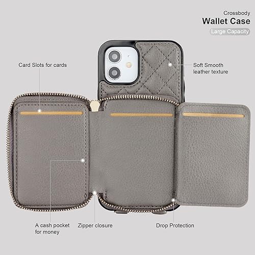 Miniatura 7 de Bocasal Funda tipo cartera cruzada para iPhone 1212 Pro, bloqueo RFID, de piel sintética, con cremallera, funda tipo cartera con función atril y