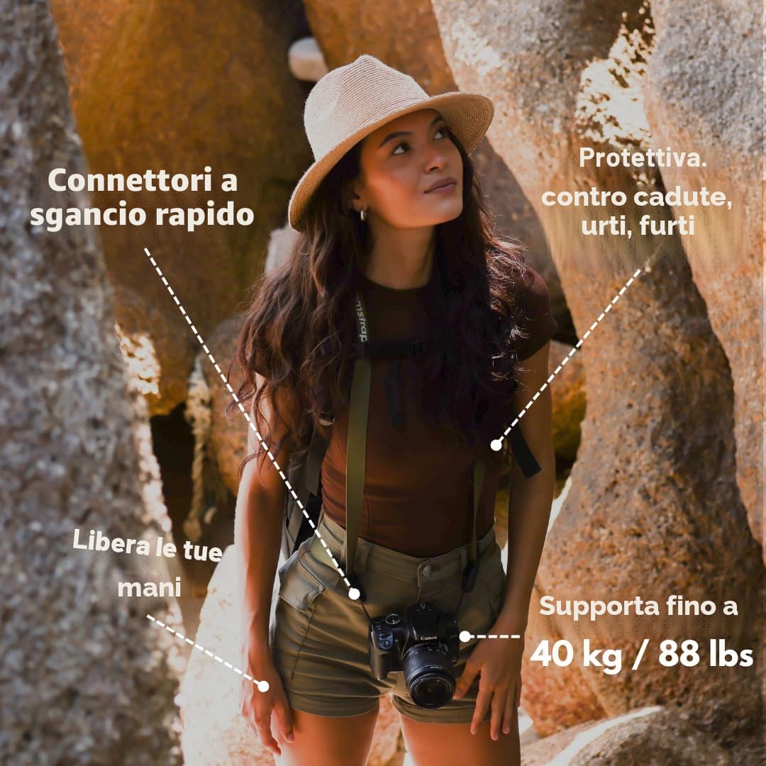 Camstrap - Cinghia per fotocamera e binocolo a mani libere, sistema di fissaggio rapido, connettori, protezione ottimale del collo e schiena, universale