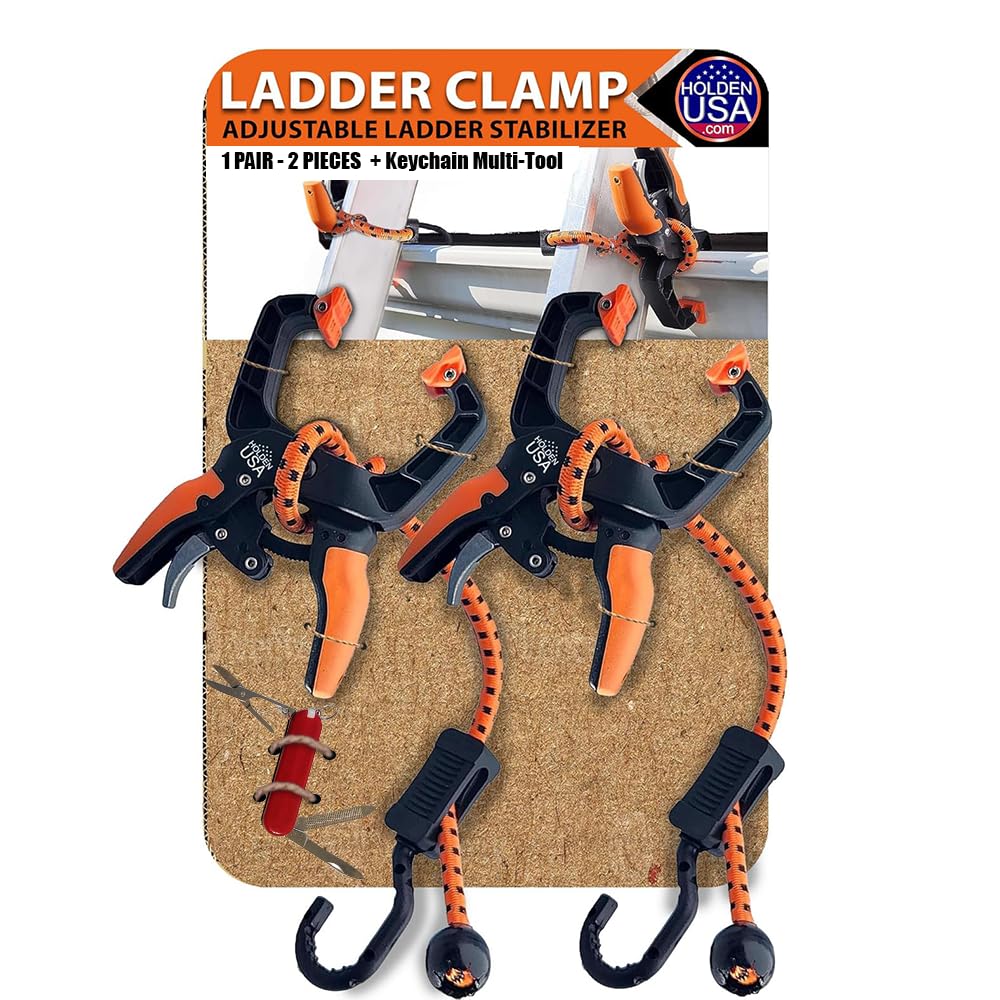 Holden USA - Ladder Clamp - Stabilizer Clip – Secure Safety Clamp for Roof, Gutters, and Wall Prep – Durable Support Cord for Roofing and Gutter Tasks (Orange Pair/2 units)