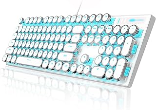 Typewriter Style Mechanical Gaming Keyboard, White Retro Punk Gaming Keyboard with Blue Backlit, 104 Keys Blue Switch Wired Cute Keyboard, Round Keycaps for Windows/Mac/PC