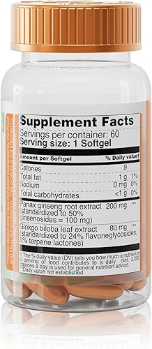 Miniatura 9 de Panax - Extracto de ginseng de 200 mg y complejo de ginkgo biloba de 80 mg, 60 cápsulas blandas, fórmula energética y concentración, suplemento de