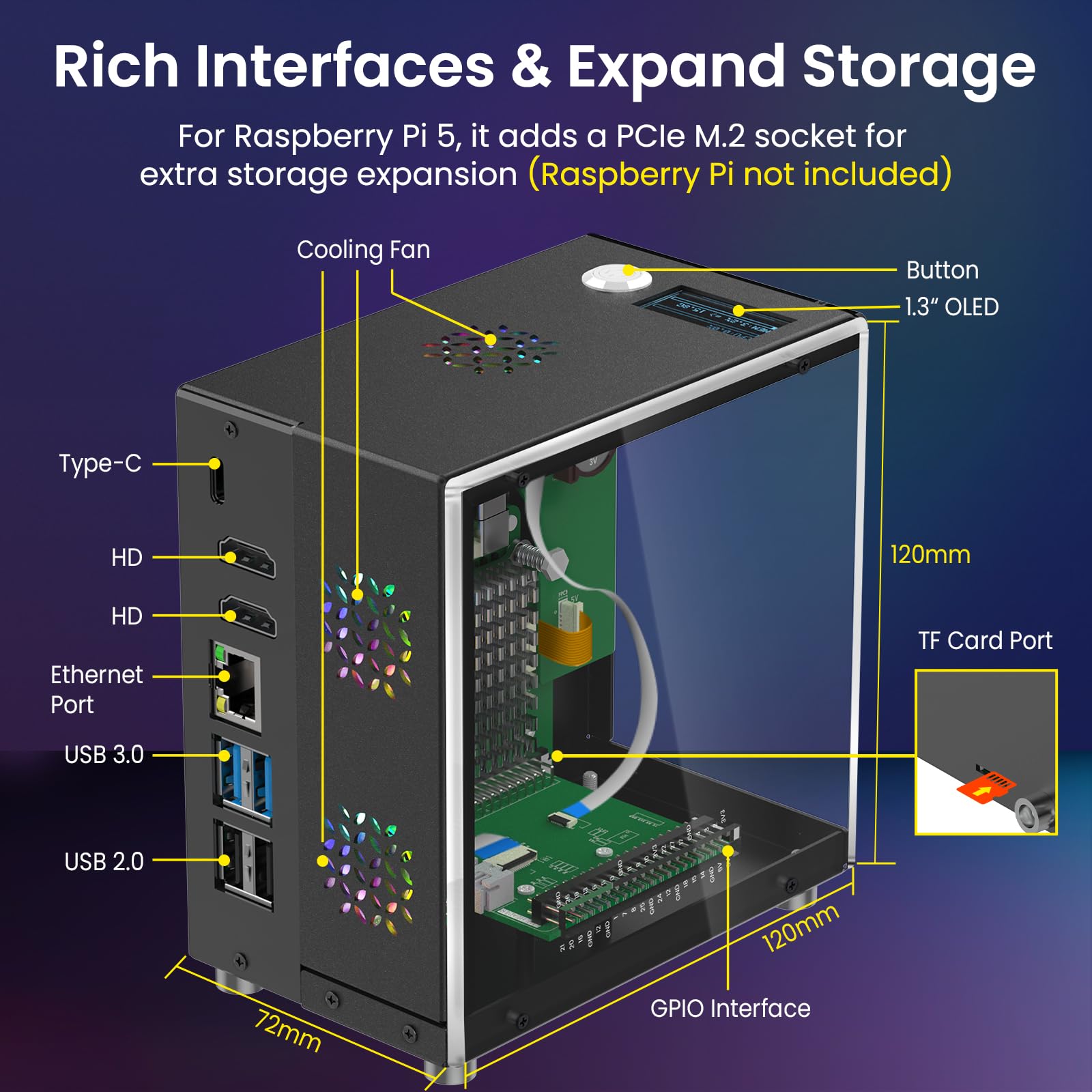 ELECROW Obudowa Mini PC dla Raspberry Pi 5: Obudowa aluminiowa z 3 wentylatorami chłodzącymi, 1,3" wyświetlacz OLED, obsługa PCIe M.2 NVMe SSD 2230/2242/2260/2280, RTC, pełny dostęp do portów