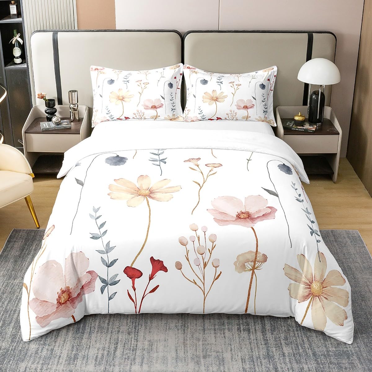Homewish Watercolor Floral Comforter Cover King,Coral Beige Flower Bedding Set,Modern Minimalist White Bed Set Pastoral Branches Aesthetic Duvet Cover for Teens Adult Women Bedroom Decor