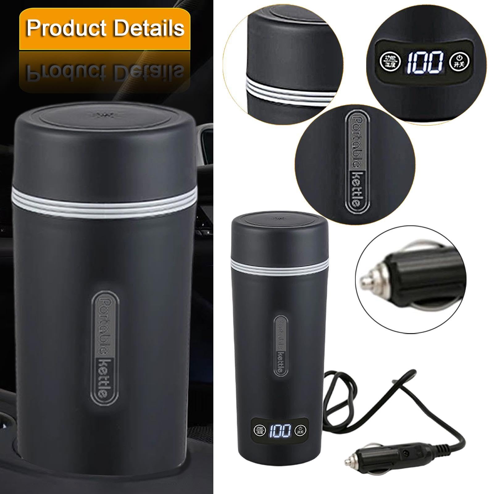 Carro Taza Calefactable Hervidor Eléctrico Botella Termo Portátil de Acero Inoxidable con Pantalla LED de Temperatura Y Diseño Compacto Adecuado para, 12 V para Coche, Individual