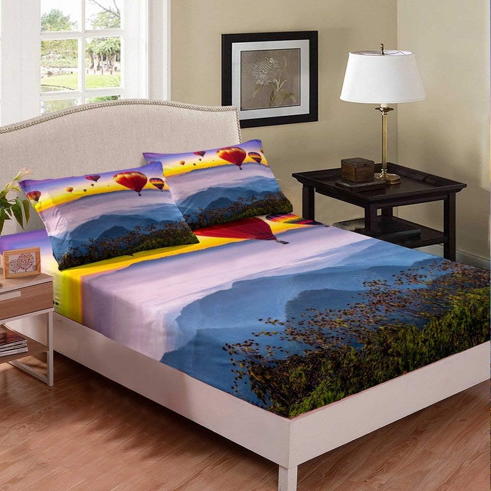 richhome Montaña colorida hoja de cama niños niñas individual paisaje natural juego moderno arco iris aire caliente globo ropa de cama de microfibra Sábanas bajeras bajeras 2 piezas ropa de cama