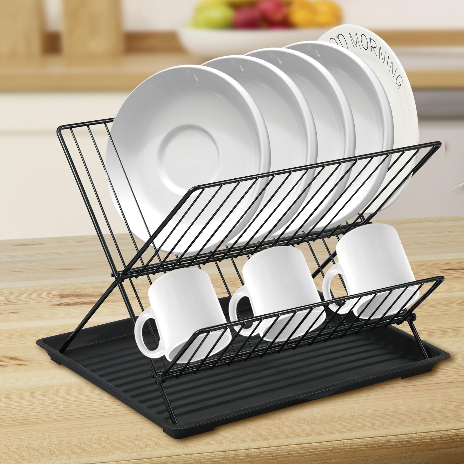 Escurridor de platos con bandeja de goteo, escurridor de platos plegable de 2 capas, escurridor de platos de acero al carbono, escurridor de platos de cocina para platos y encimeras : Amazon.com.mx: