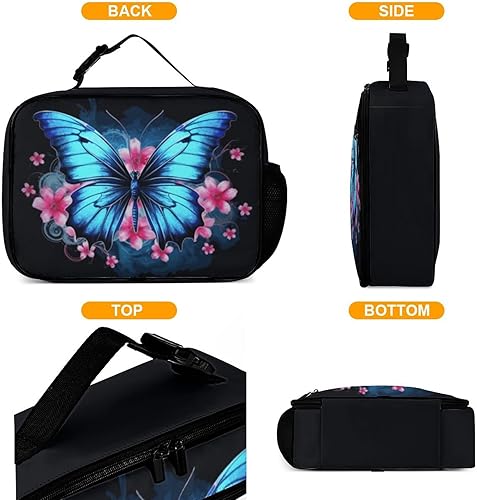 Miniatura 4 de Lonchera reutilizable con diseño de mariposa azul, bolsa de almuerzo aislada, lonchera para comida y alimentos, bolsa de mano para mujeres, niños,