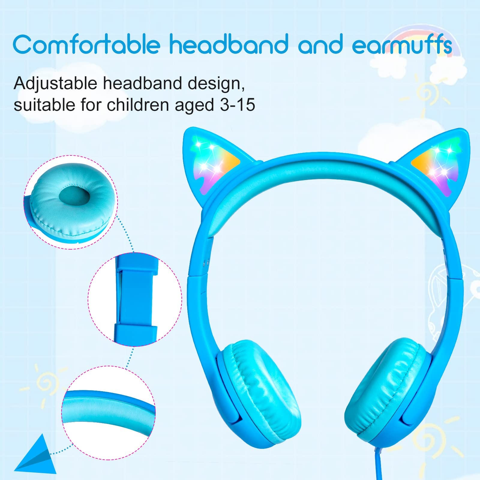 Olyre Cuffie per bambini,cuffie per ragazze,orecchie di gatto,LED si illuminano volume sicuro limitato 85dB per bambini cablate sull'orecchio auricolari/scuola/viaggi-blu