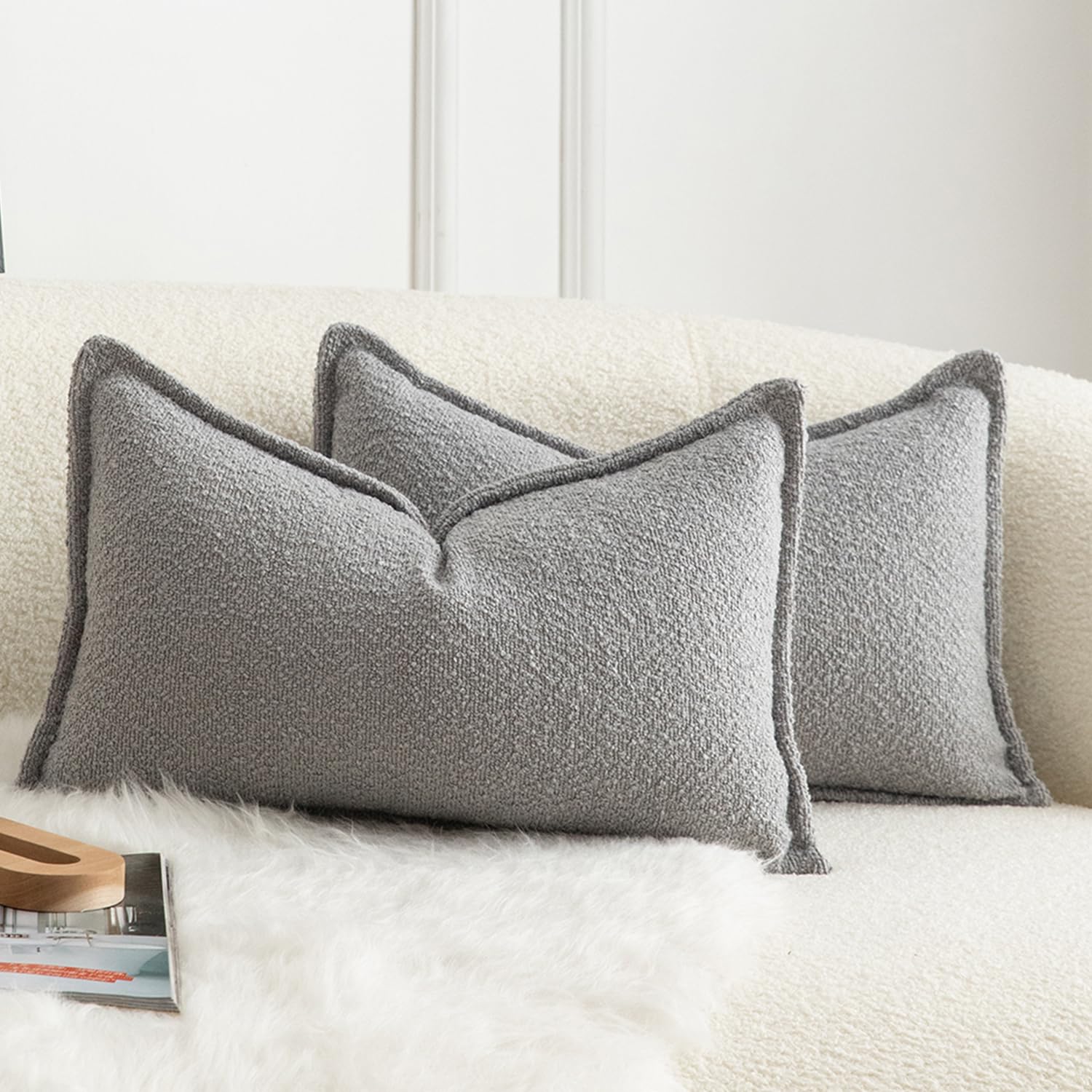 Mandioo Pack of 2 Cushion Covers 30cm x 50cm Decorative Accent Solid Woven Textured Throw Pillow Covers cases Bedroom Living Room Couch Sofa Home 12 x 20 Inch light gray