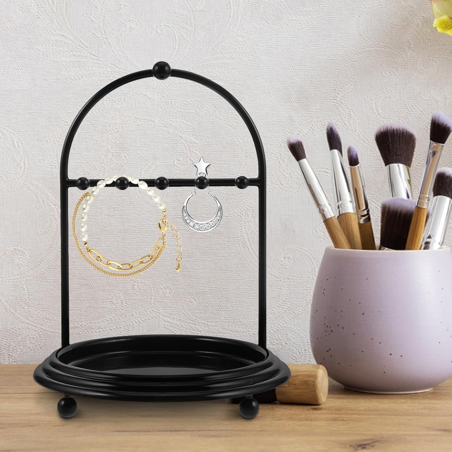 Jewelry Organizer Rack with Necklace and Bracelet Holder, Hanging Earring Display Stand for Dressing Table, Multi-functional Black Jewelry Storage Tower for Rings and Hair