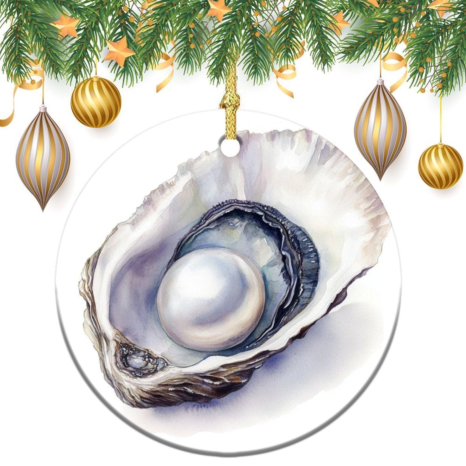 Watercolor A Pearl in Oyster Christmas Tree Hanging Ornaments,2 Pieces, 7.2CM Round Double-Sided