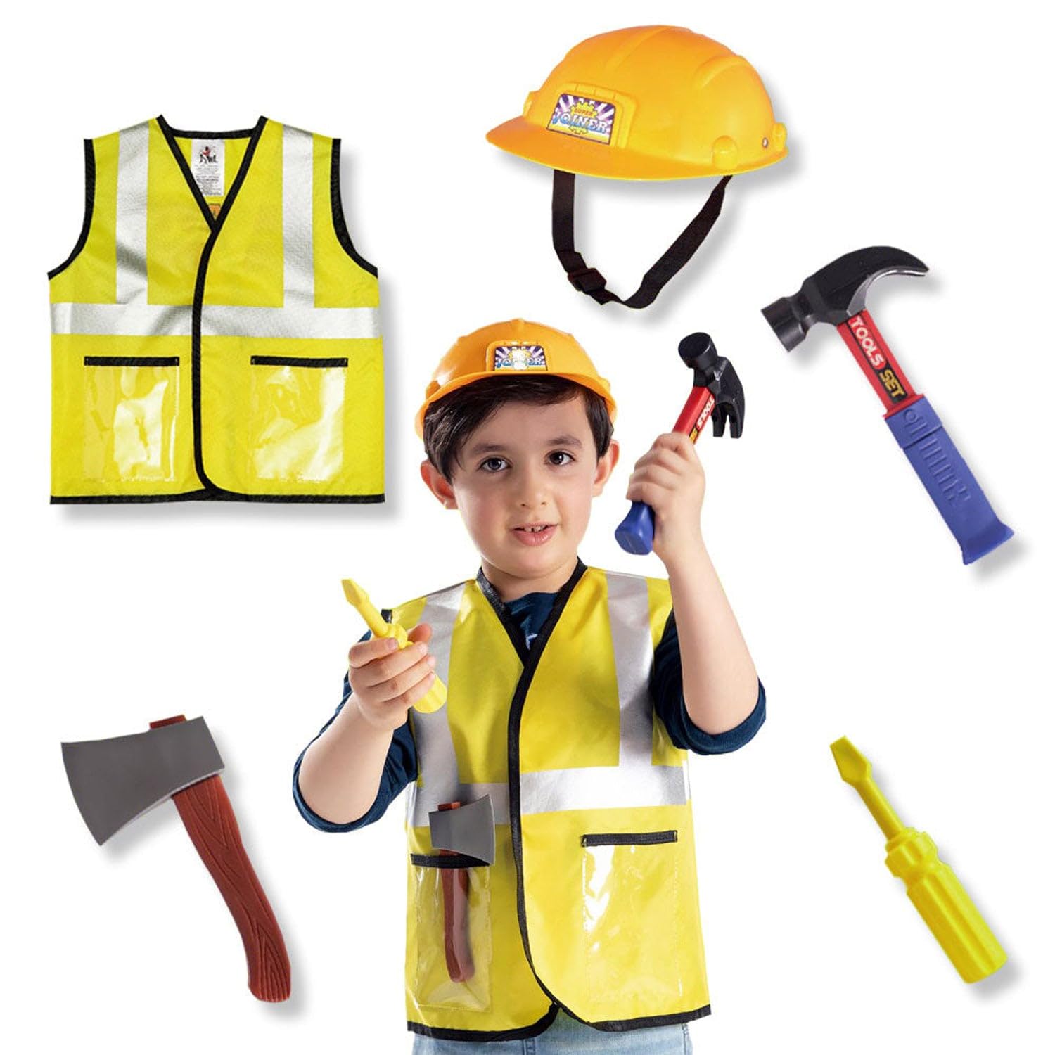 Fitto Kids Engineer Role Play Costume Set - Kids Construction Free Size Worker Jacket With Helmet Hammer Screw Driver And Axe