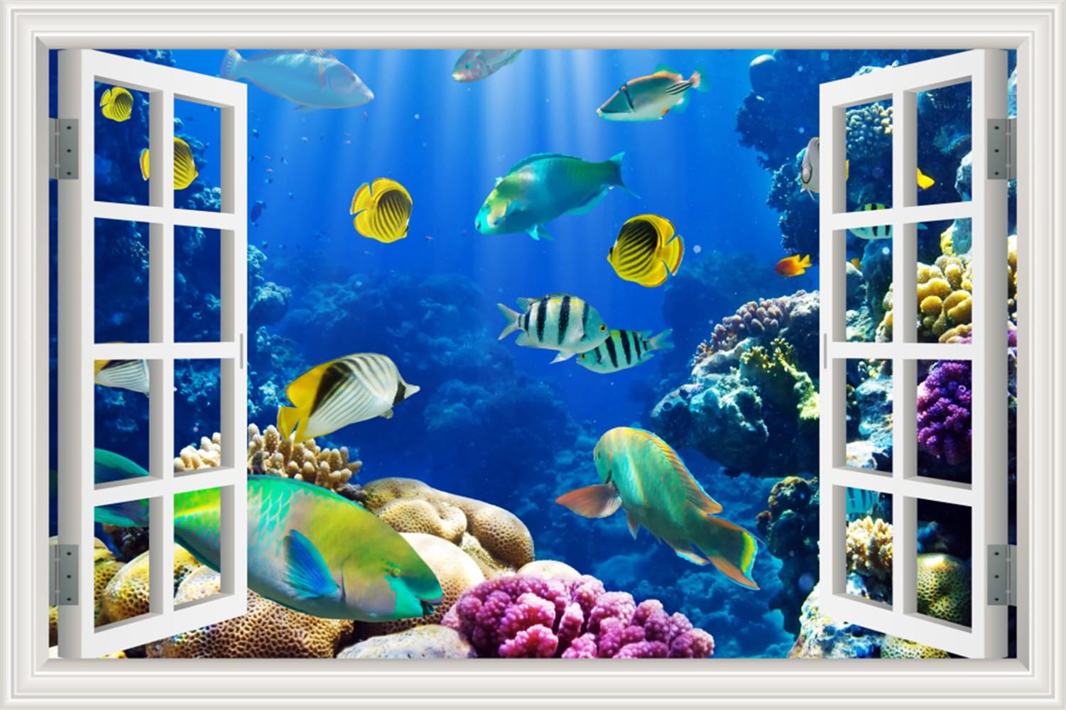 Peel and Stick Ocean Window View Under The Sea Tropical Fishes 3D Wall Arts Decals Home Decor Nursery Room Removable Wall Stickers Undersea World