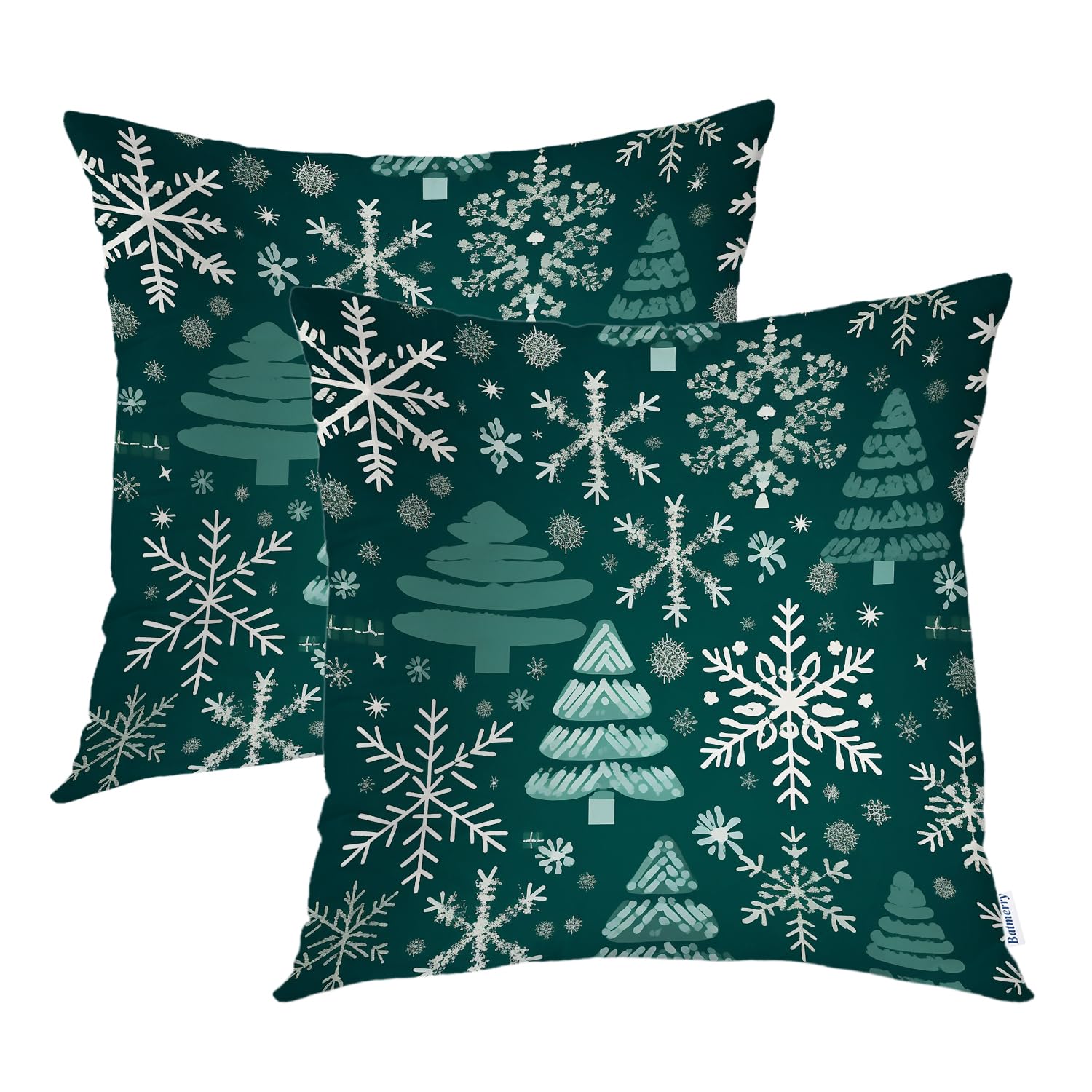 Batmerry Winter Fir Tree Throw Pillow Covers, Green Christmas Tree Snowflake Decorative Pillow Covers Digital Printing Blended Fabric for Couch Sofa
