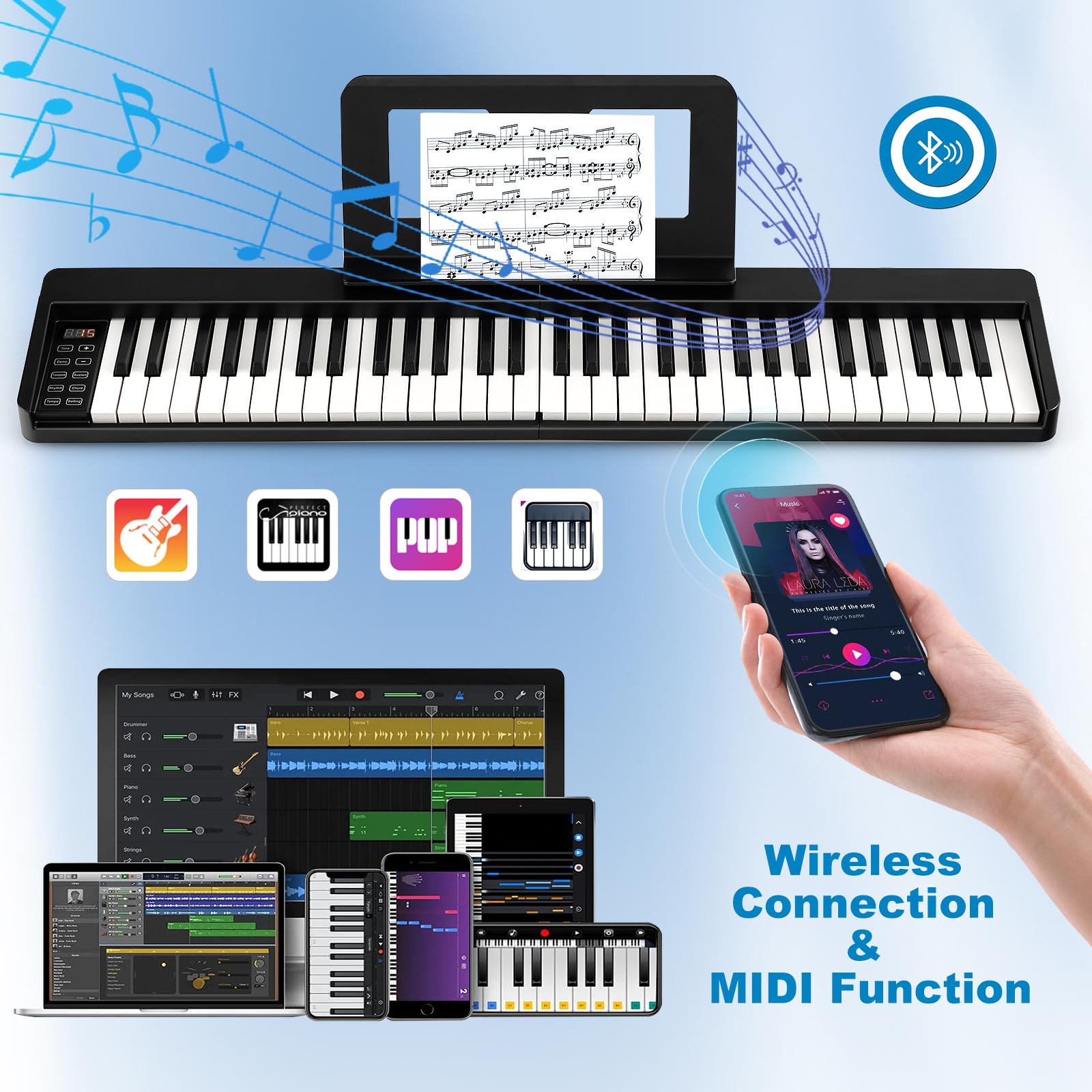 KOMFOTTEU Pianoforte Digitale 61 Tasti Pieghevole con Display LED & Bluetooth, Tastiera Elettronica Multifunzionale per Principianti, Pianola Facile da Trasportare con Borsa per Pianoforte