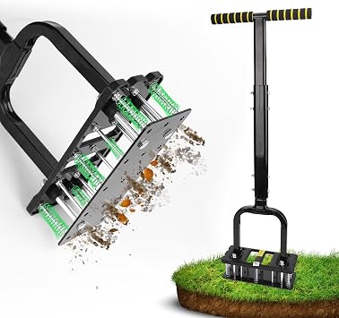 Lawn Aerator, Automatic Dirt and Leaf Clean Design, Reinforced Plastic Shell, Heavy Duty Manual Lawn Aerator Tool with 15 Iron Spikes, Height Adjustable Aerator for LawnArmor Black