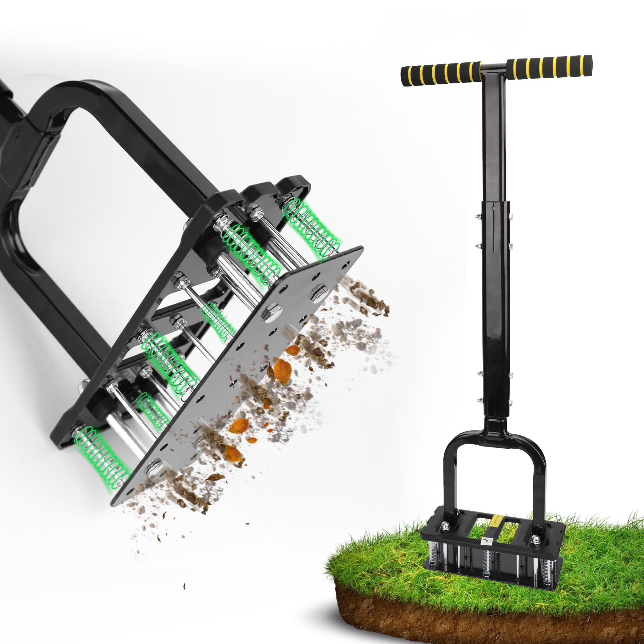 Lawn Aerator, Automatic Dirt and Leaf Clean Design, Reinforced Plastic Shell, Heavy Duty Manual Lawn Aerator Tool with 15 Iron Spikes, Height Adjustable Aerator for Lawn(Armor Black)