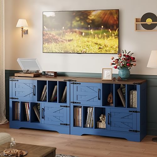 Miniatura 8 de GarveeHome Almacenamiento de discos de vinilo grande de 39 pulgadas, soporte para tocadiscos de madera de granja con armario de almacenamiento y 2