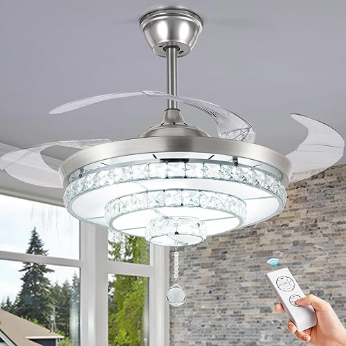 Ventilador de techo de cristal con luz y control remoto, ventilador de araña con 4 cuchillas retráctiles, 3 ventiladores de techo LED de cambio de disponible en Yaxa Costa Rica