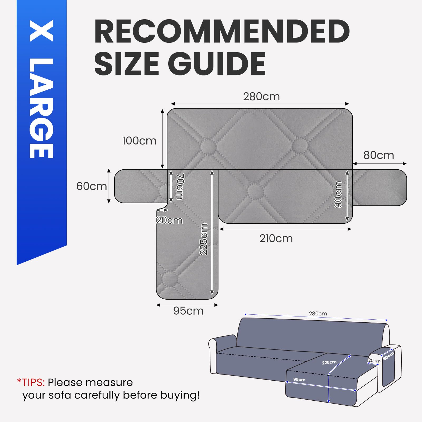 Ystyle Impermeable Fundas para Sofa Chaise Longue 2 Plazas(L 210 CM), Fundas Sofa Chaise Longue Izquierda/Derecha Universal Reversible, Cubre Sofa Chaise Longue Anti Gatos y Perro, Gris Claro