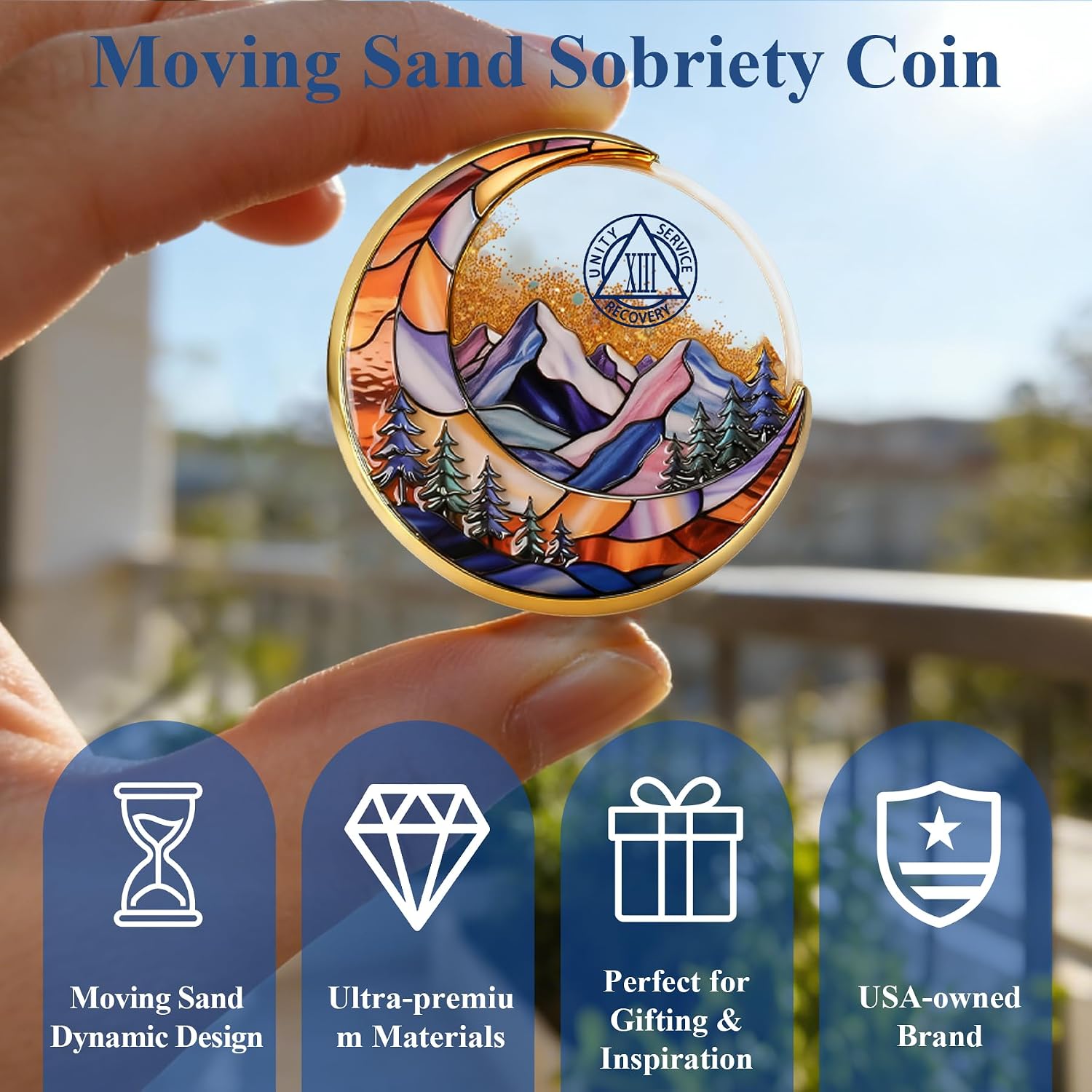 Moving Sand 13 Year Sobriety Coin - Liquid Glitter Sober Chip with Moon and Mountain Design,Thirteen Year AA Recovery Medallions,Sober Gifts for Women Men Celebrating Thirteenth Year Sober