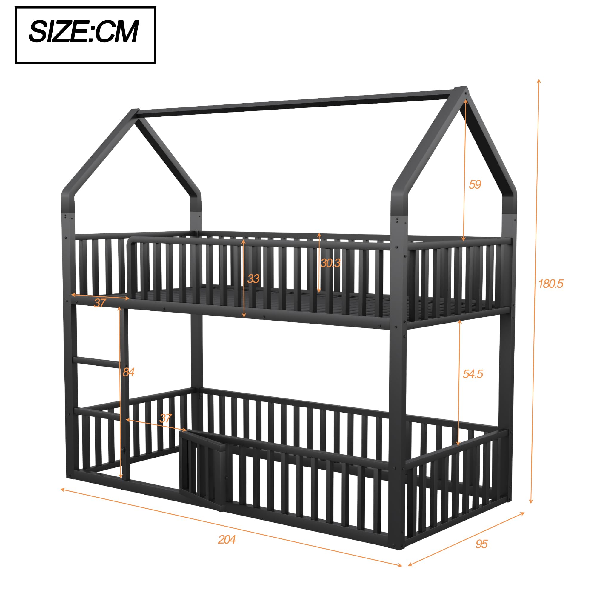 Letto a castello per bambini a forma di casa 90x200 per 2 bambini, lettino in metallo con scala e griglia di sicurezza, letto inferiore con porta piccola per aprire e chiudere (nero, 90x200)