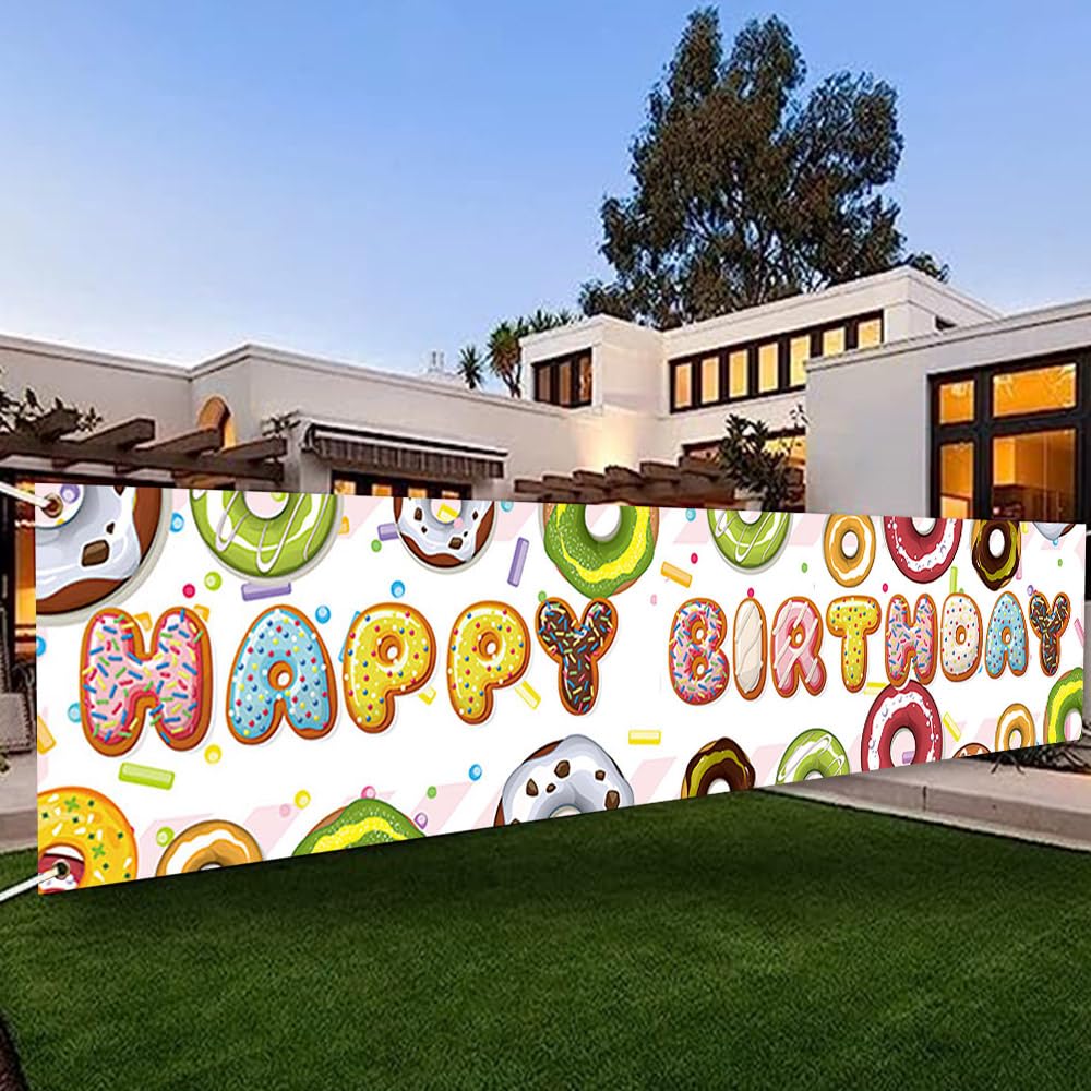 DOTOOMA 118 x 20 Inches Happy Birthday Doughnut Yard Banner Sign Doughnut Party Decoration Gourmet Children Birthday Party Baby Shower Cake Table