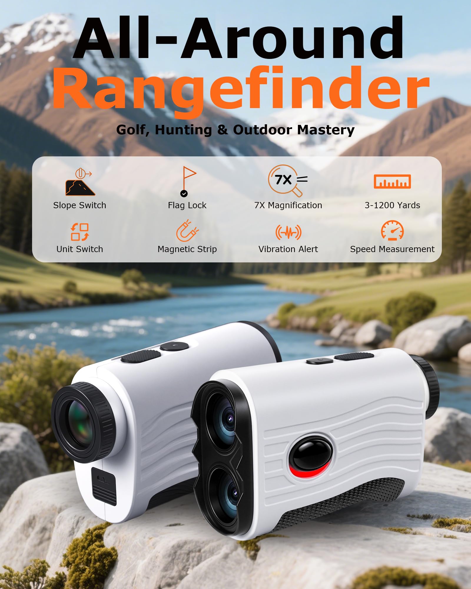 Télémètre de golf avec pente – Télémètre laser de 1 200 m avec sangle magnétique, vibration de verrouillage du mât de drapeau, grossissement 7x, étanche IPX4 rechargeable, accessoires de golf