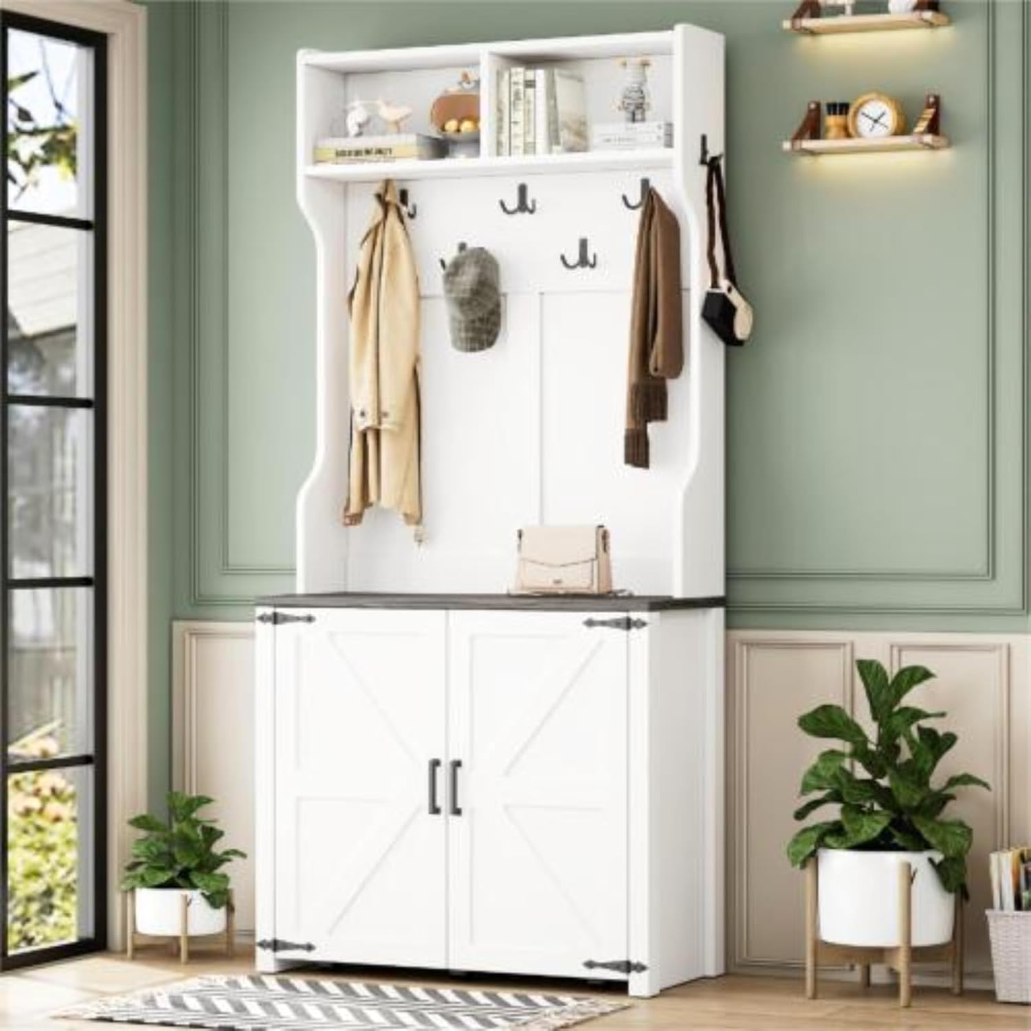 Farmhouse 4-in-1 Hall Tree with Barn Doors, Movable Bench with 7 Hanging Hooks and Shoe Storage Cabinet, 76.9" H Entryway Coat Rack with 6 Brake Wheels for Hallway, Living Room, White
